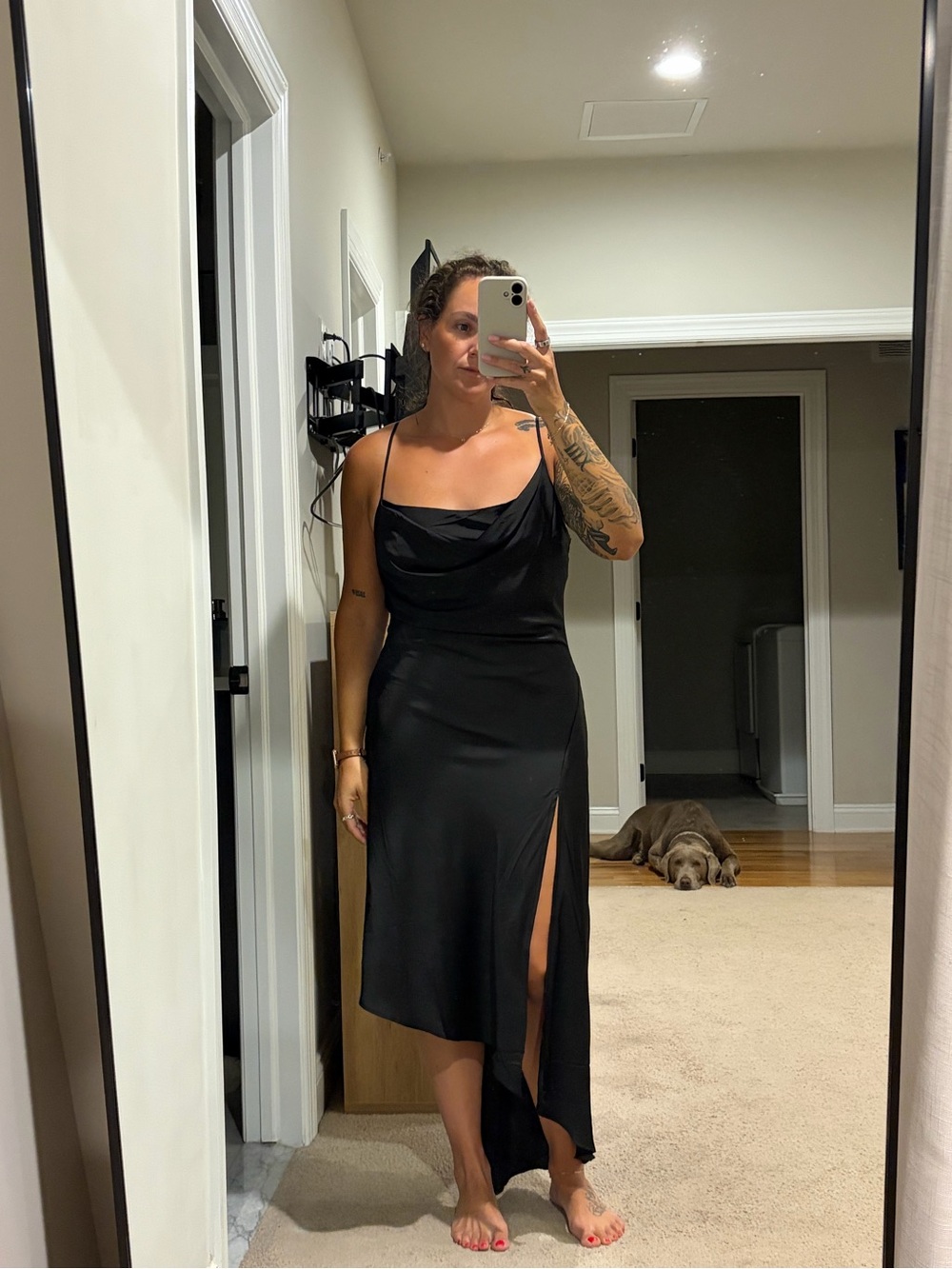 Women’s Black Satin Slip Dress with Side Slit